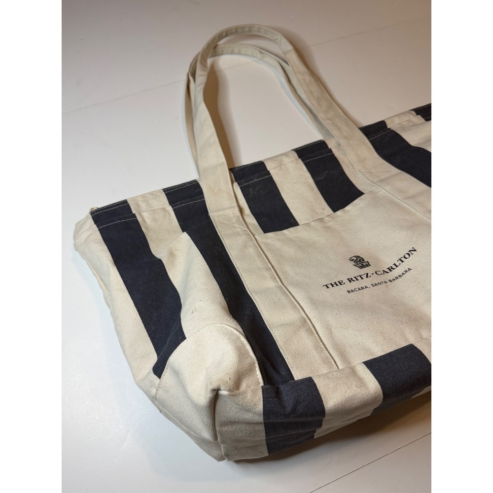 The Ritz-Carlton Bacara Santa Barbara Canvas Tote Bag Navy Stripe Gemline Zipper - Picture 2 of 10